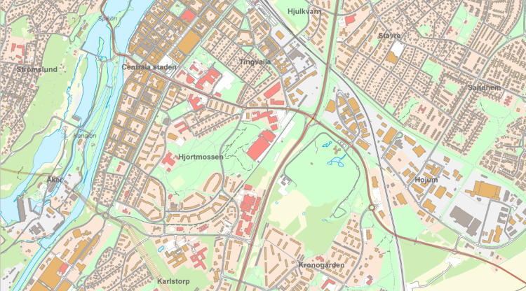 Bild på karta över centrala Trollhättan.