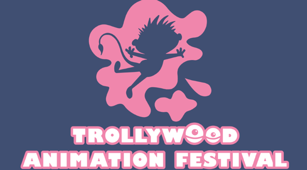 En tecknad bild på ett troll som hoppar upp i luften och texten Trollywood Animation Festival.