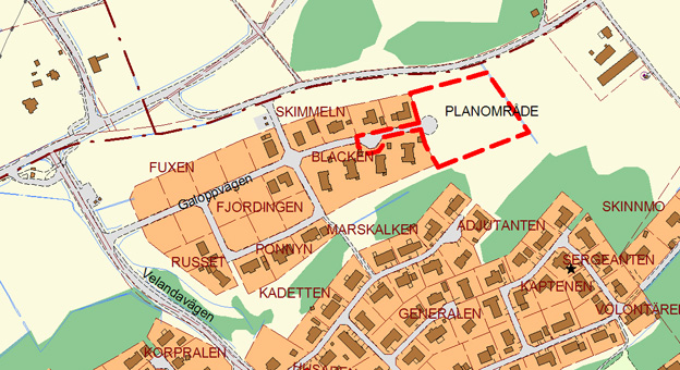 Plankarta över Velanda med rödmarkering kring Skinnmo.