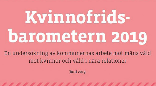 Röd bakgrundsplatta med texten "Kvinnofridsbarometern 2019"