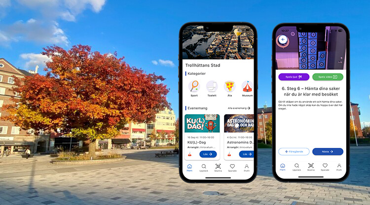 Höstbild på torget i Trollhättan plus två telefoner med skärmdumpar från en app