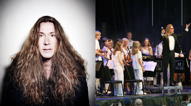 Porträtt på E-type och bild på orkester.