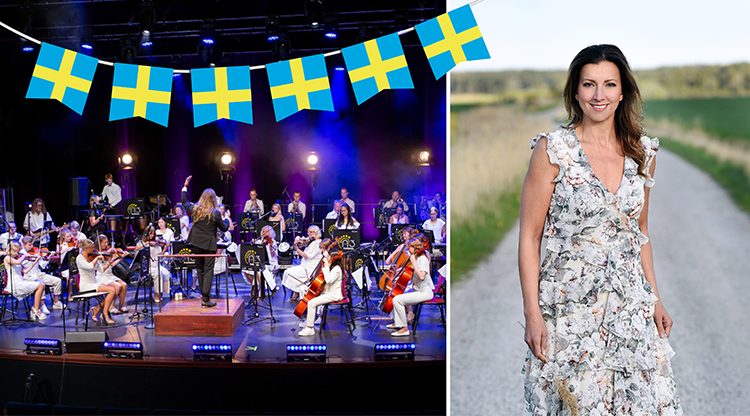 Bild på en orkester och artisten Sonja Aldén. Överst hänger svenska flaggor.