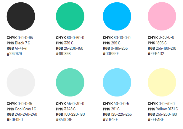 Platsvarumärkets olika färgval samt deras färgkoder i CMYK, RGB, PMS och #