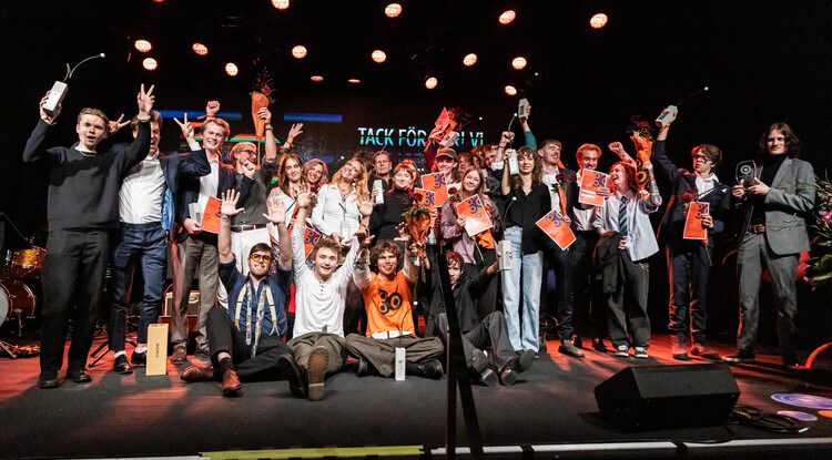 Vinnare firar på scen.