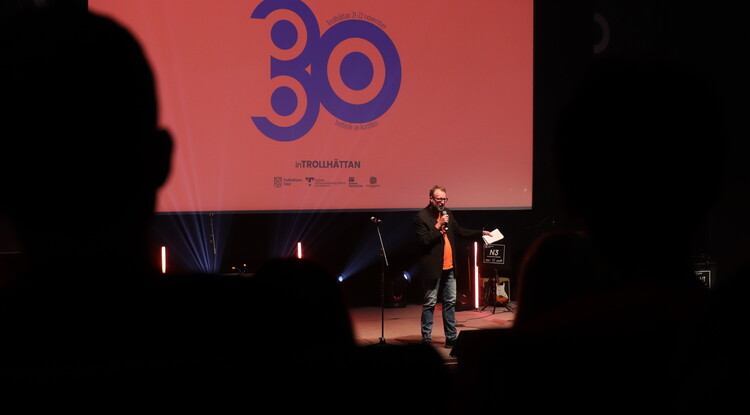 Person pratar inför publik.