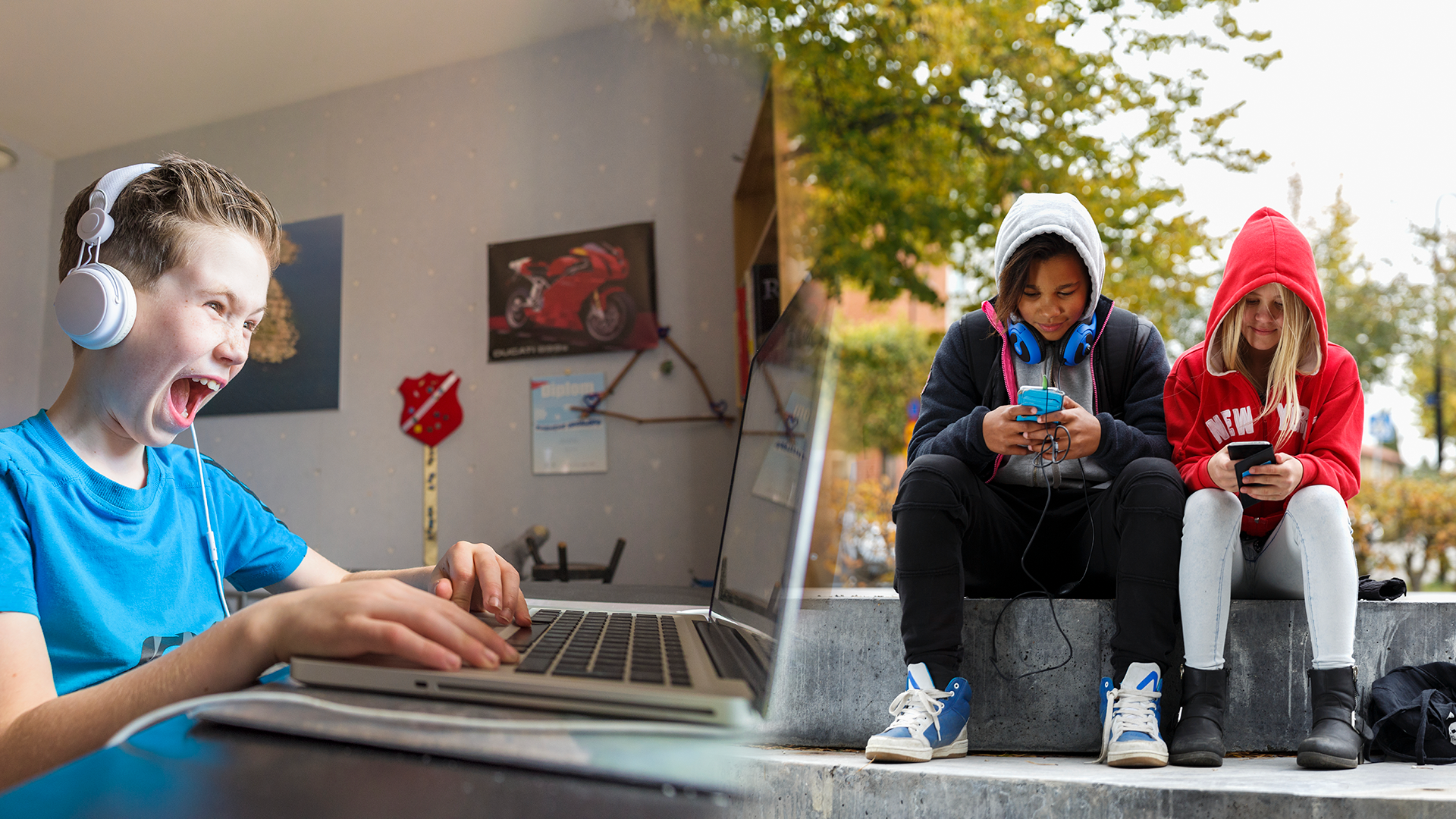 montage av tv&aring; bilder d&auml;r barn sitter vid sk&auml;rmar