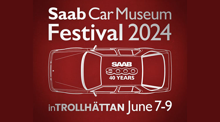 Loggan för Saabfestivalen 2024, en skissad Saab 9000.