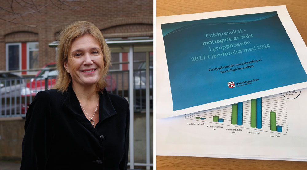 Bild på socialpsykiatrins områdeschef Helena Mårdstam utanför stadshuset samt en bild på brukarenkäten för socialpsykiatrin.