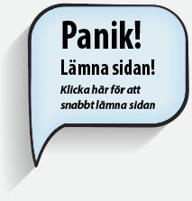 Pratbubbla med texten "Panik! Lämna sidan! Klicka här för att snabbt lämna sidan"