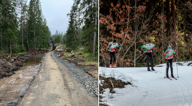 En bild på grävmaskin som arbetar i skog. En bild på tre personer som åker skidor på konstsnöspår.