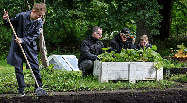 Bild på personer i en Daglig verksamhet som hjälper till i en trädgård.