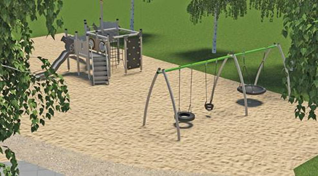 Bilden föreställer en skiss över den nya lekplatsen. I förgrunden syns en gungställning med kompisgunga och två vanliga gungor. I bakgrunden syns en lekställning. 