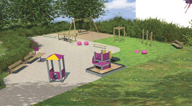 Bilden är en grafisk skiss över den Doppingens nya lekplats. I förgrunden står en lekhus och en sandlåda med bakbod och i bakgrunden syns en gungställning, klätterställning och flera balansredskap. Lekutrustningen är gul och rosa. 
