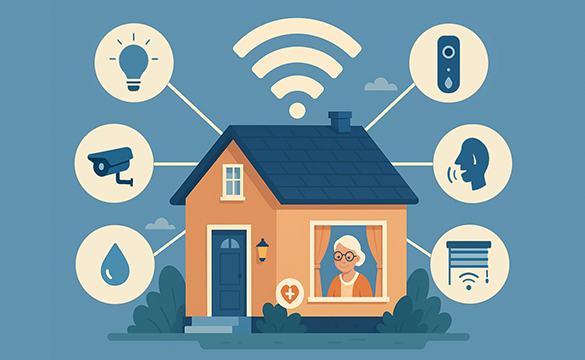 Illustration på ett hus med en wifi-symbol ovanför taket. Runt huset finns ikoner som visar smarta uppkopplade saker, kamera, lampor, fukt-varnare, ringklocka och smarta rullgardiner.