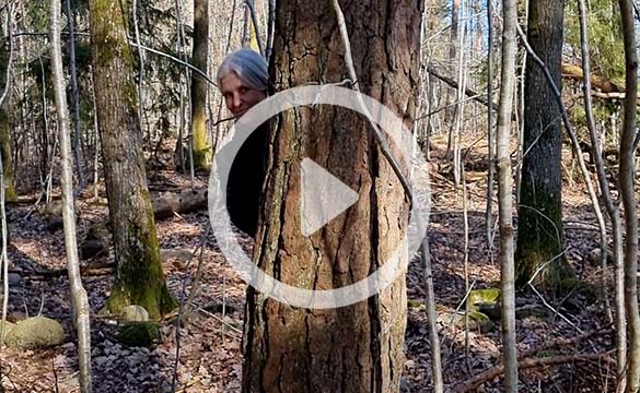 Kvinna kikar fram bakom en tall. Ovanpå bilden syns en play-symbol.