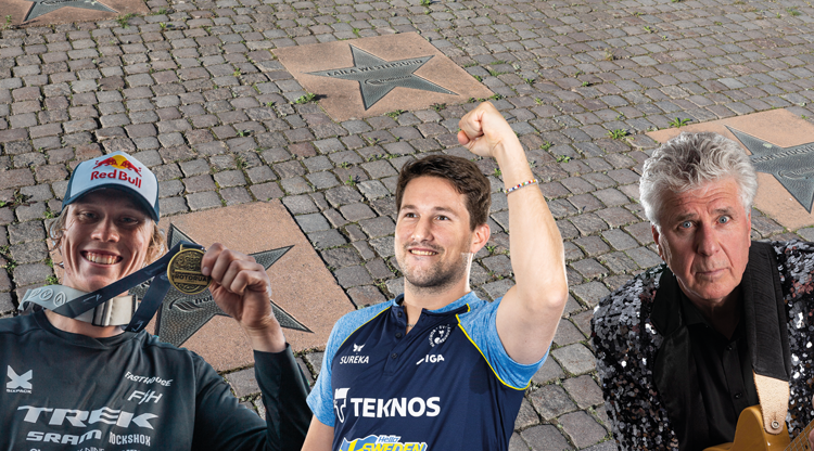 Porträtt på Emil Johansson, Kristian Karlsson och Paul Paljett framför en bakgrund på olika stjärnplattor på marken.