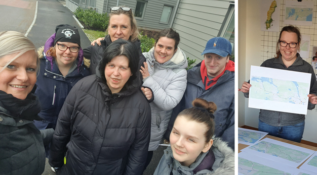 Gruppbild på deltagarna som promenerar till Stockholm samt en bild på en deltagare som håller upp en karta som visar promenadsträckan.