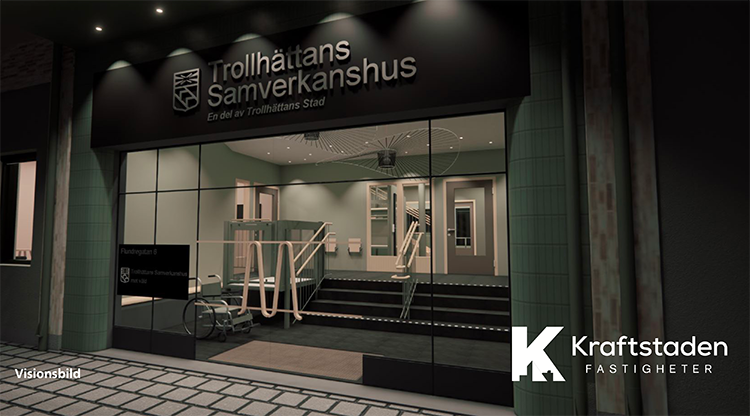 Visionsbild på fastighet med entré