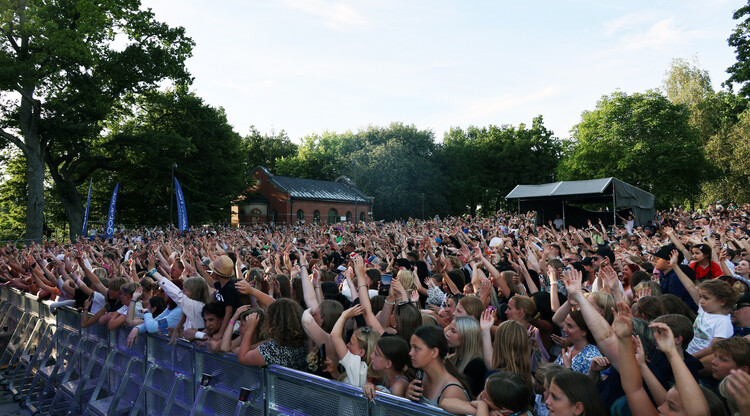 Publik under en konsert i en park.