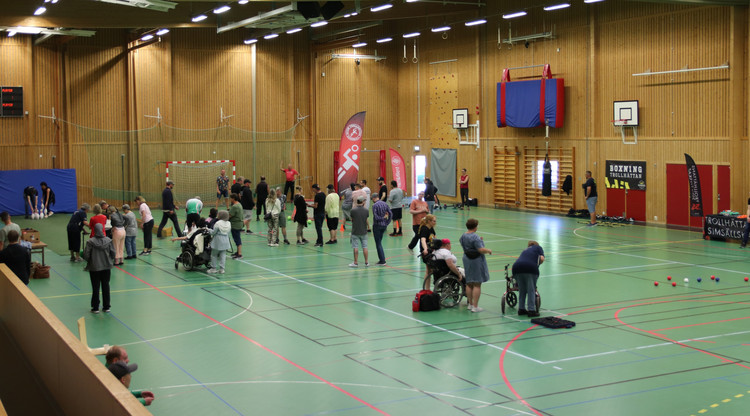 Personer testar olika aktiviteter i en idrottshall.