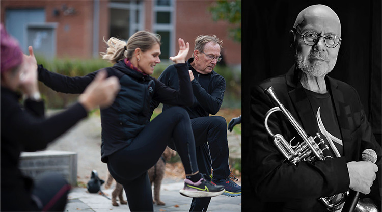Ett par som tränar och en man som står med trumpet och en mikrofon i handen