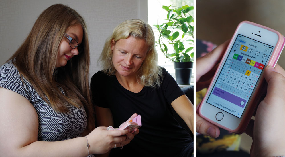 Maria Bred sitter i en soffa och använder sin mobiltelefon som ett hjälpmedel för att komma ihåg saker.