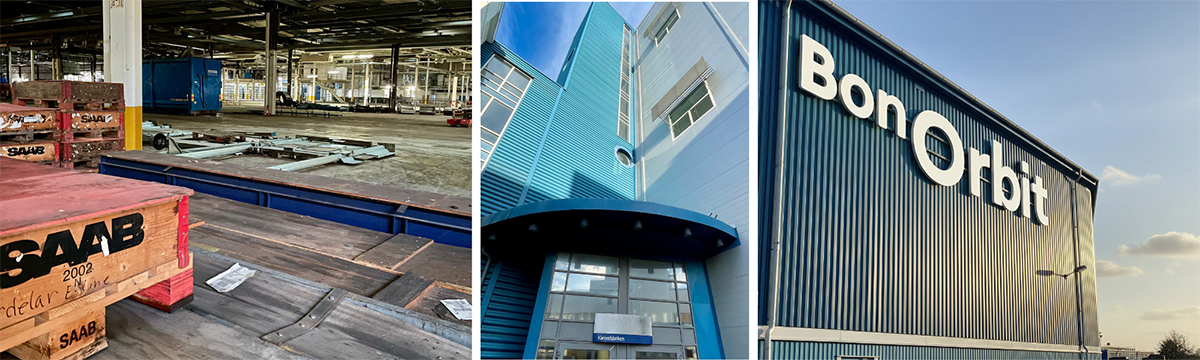 Ett kollage av bilder på Karossfabriken och loggan för Bon Orbit.