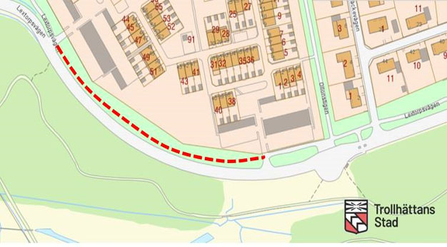 Kartbild som visar gång- och cykelvägens sträckning