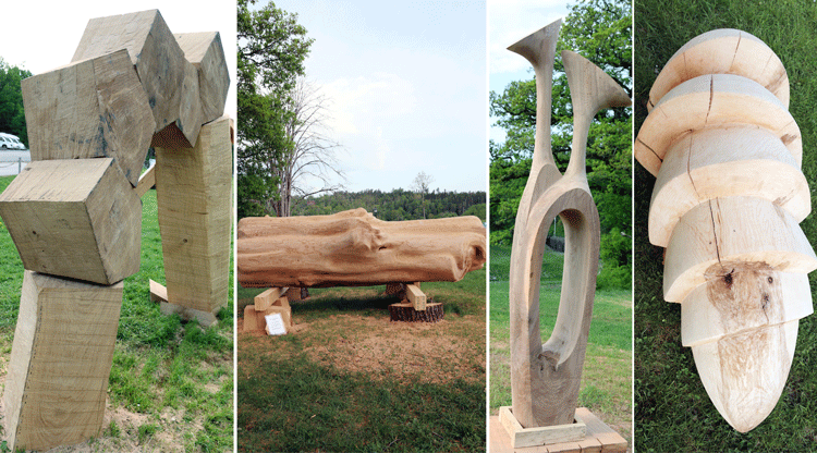 Fyra olika konstverk i trä från träskulptur i Gamle Dal.