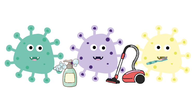 Grönt virus med handtvål, lila virus med dammsugare, gult virus med tandborste