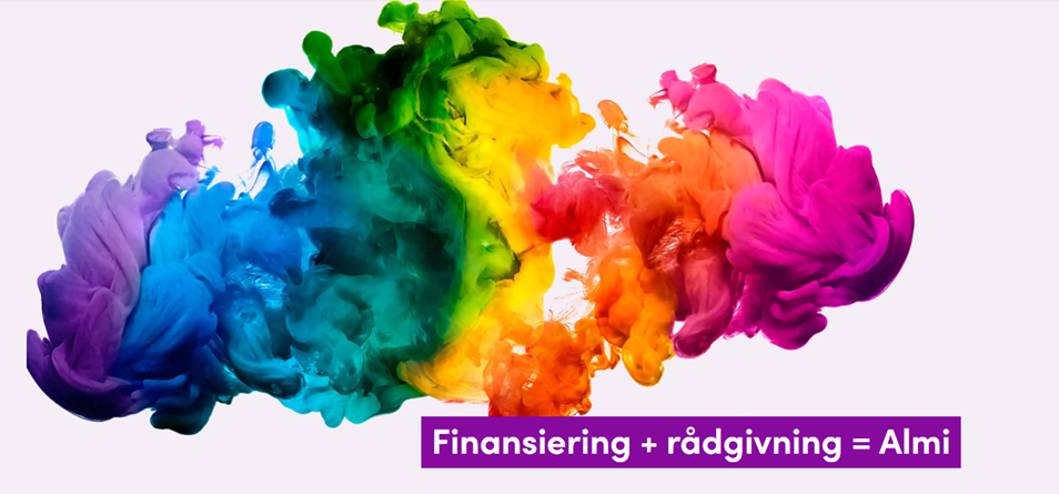 Ett färgmoln och texten Finansiering+rådgivning=Almi