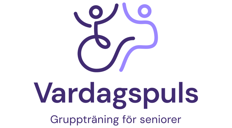 Illustration över två personer som rör på sig. Under figurerna står texten "Vardagspuls - Gruppträning för seniorer".