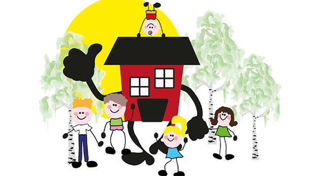 Tecknad illustration av ett hus med glada barn runt. En pojke står på händer på husets tak.