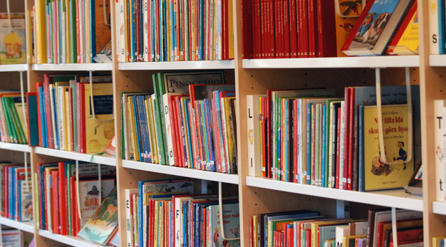Bilden är ett fotografi över en bokhylla med barnböcker. 