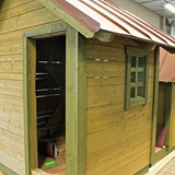Bilden föreställer ett hus som ska bli en trädkoja. Huset är grönt och har brunt plåttak. 