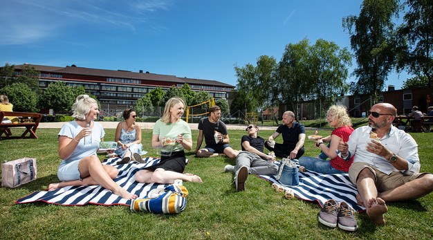 Bilden föreställer åtta personer som sitter på vitblå randiga picknickfiltar. Solen strålar och människorna ser väldigt glada ut. Flera av dom äter smörgåsar. I bakgrunden ser man en volleybollplan. 