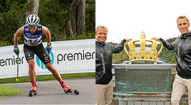 Charlotte Kalla kör Alliansloppet och bredvid står arrangörerna bakom Alliansloppet, Magnus och Magnus