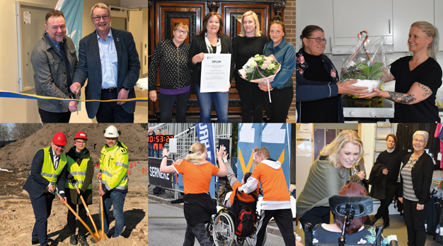 Ett bildkollage från 2019. Invigning av Lantmannavägen 102, Ocab-loppet, första spadtaget på Hagtornsstigen, ministerbesök, årets verksamhetsutvecklare och invigning av nya LSS-verksamheter.