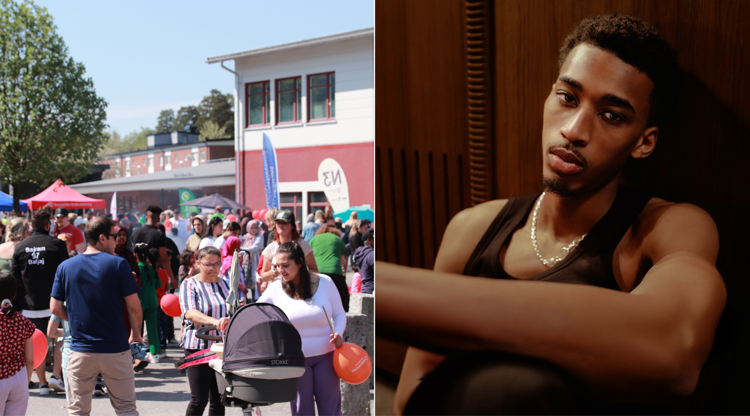 Personer går runt på festivalen Hela Kronan Gungar och en porträttbild på artisten Malik Delasi.