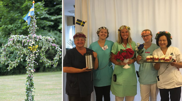 Midsommarstång plus personal med blommor och bakelser