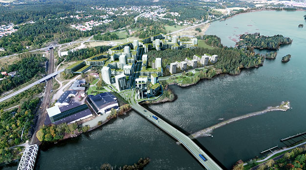 Bilden föreställer hur området Vårvik kommer se ut. I förgrunden syns en bro som leder fram till ett bostadsområde med flera höghus i vitt.