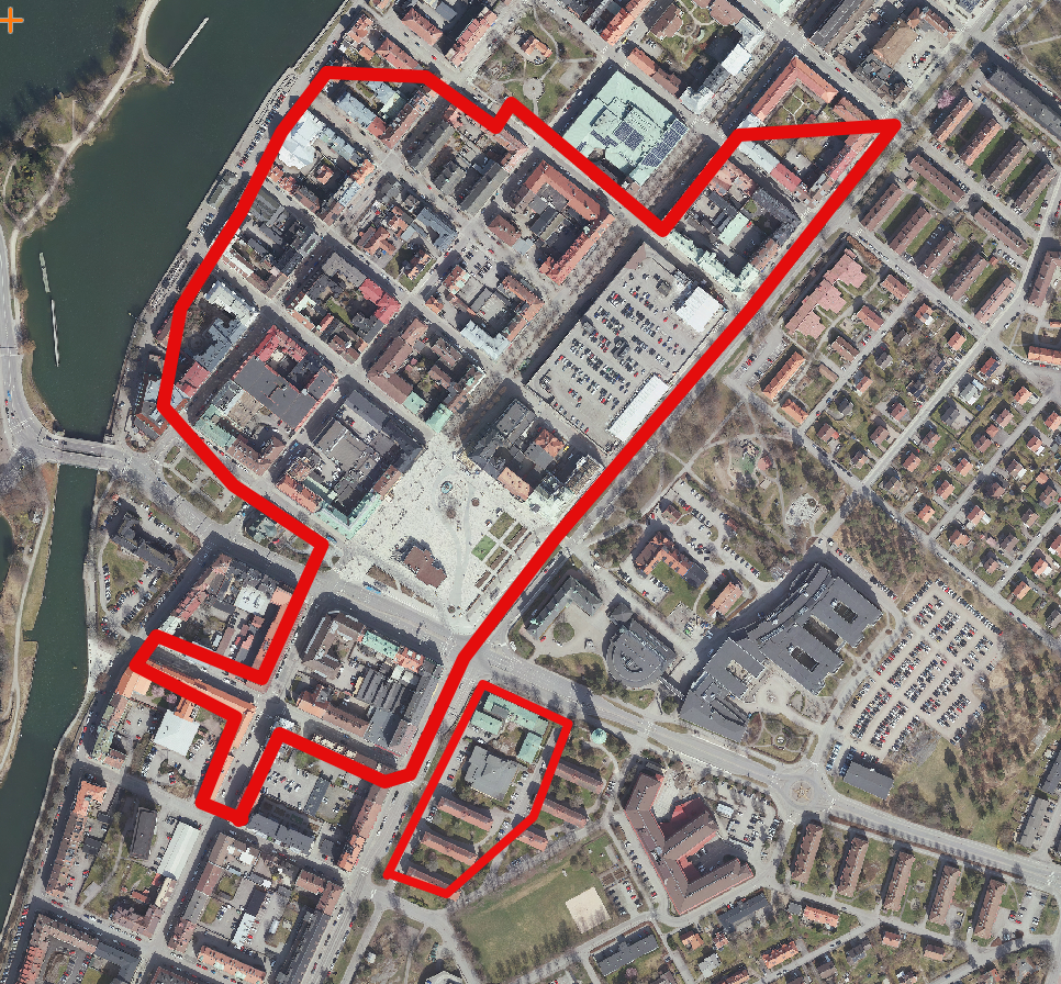 Kartbild som med röd markering visar centrumområdet i Trollhättan. 