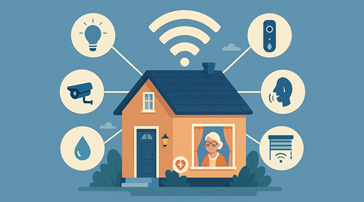Illustration på ett hus med en wifi-symbol ovanför taket. Runt huset finns ikoner som visar smarta uppkopplade saker, kamera, lampor, fukt-varnare, ringklocka och smarta rullgardiner.