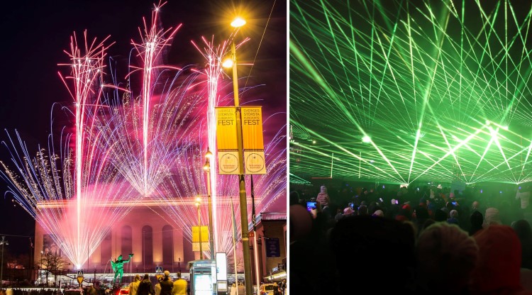 Bild över lasershow och ljudsvag pyroteknik.