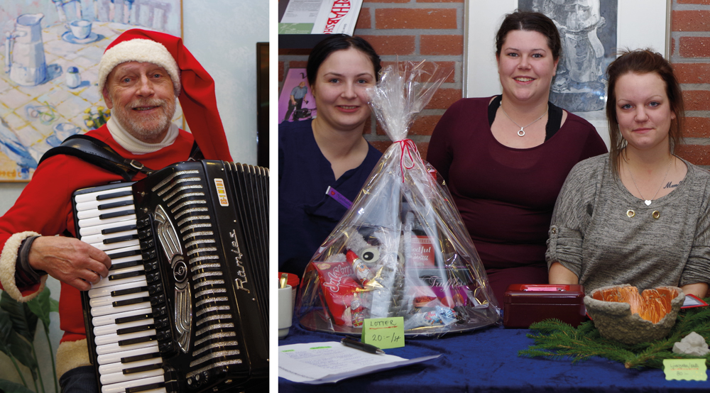 Bild på glad personal under julmarknaderna. En av bilderna är på en tomte med dragspel som underhöll besökarna med musik.