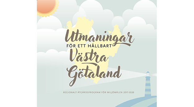 Bilden är en grafisk bild över en pdf. På bilden syns en ö och en fyr. På bilden står det "utmaningar för ett hållbart Västra Götaland".