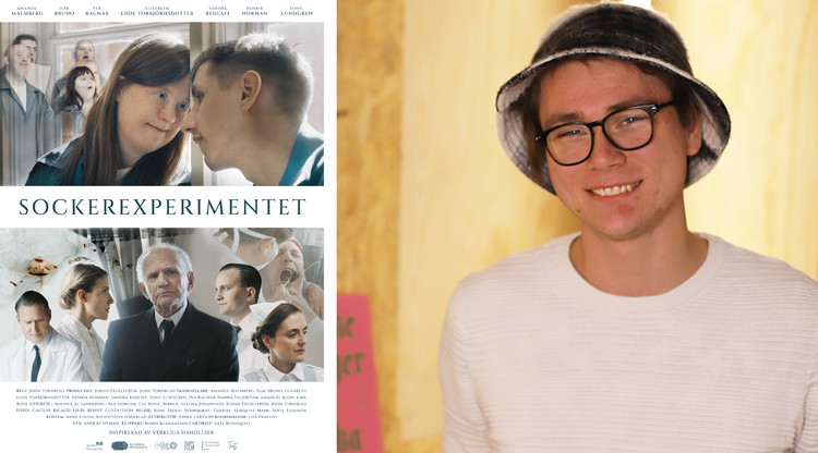 Filmposter för Sockerexperimentet och porträtt på Gabriel Almqvist.