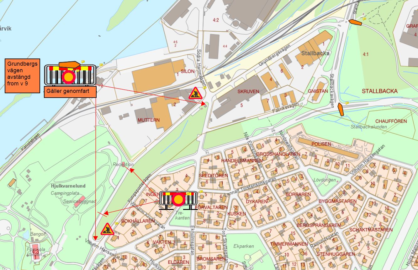 Kartbild som visar avstängningen av Grundbergsvägen