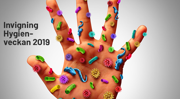 Barnhand med färgglada baciller på. Text "Invigning hygienveckan 2019"